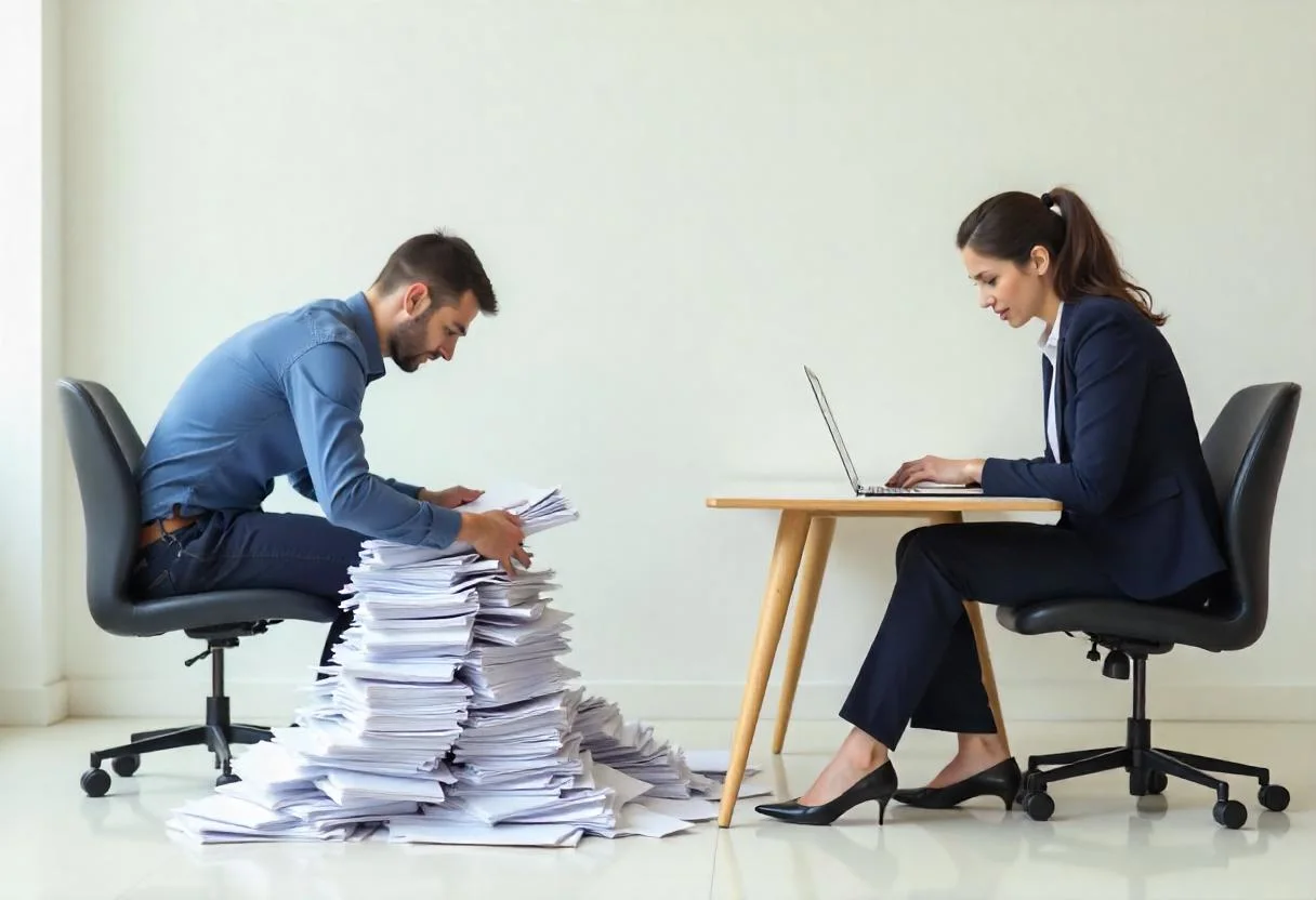 One employee overwhelmed by a stack of papers while another is doing fine with a laptop.