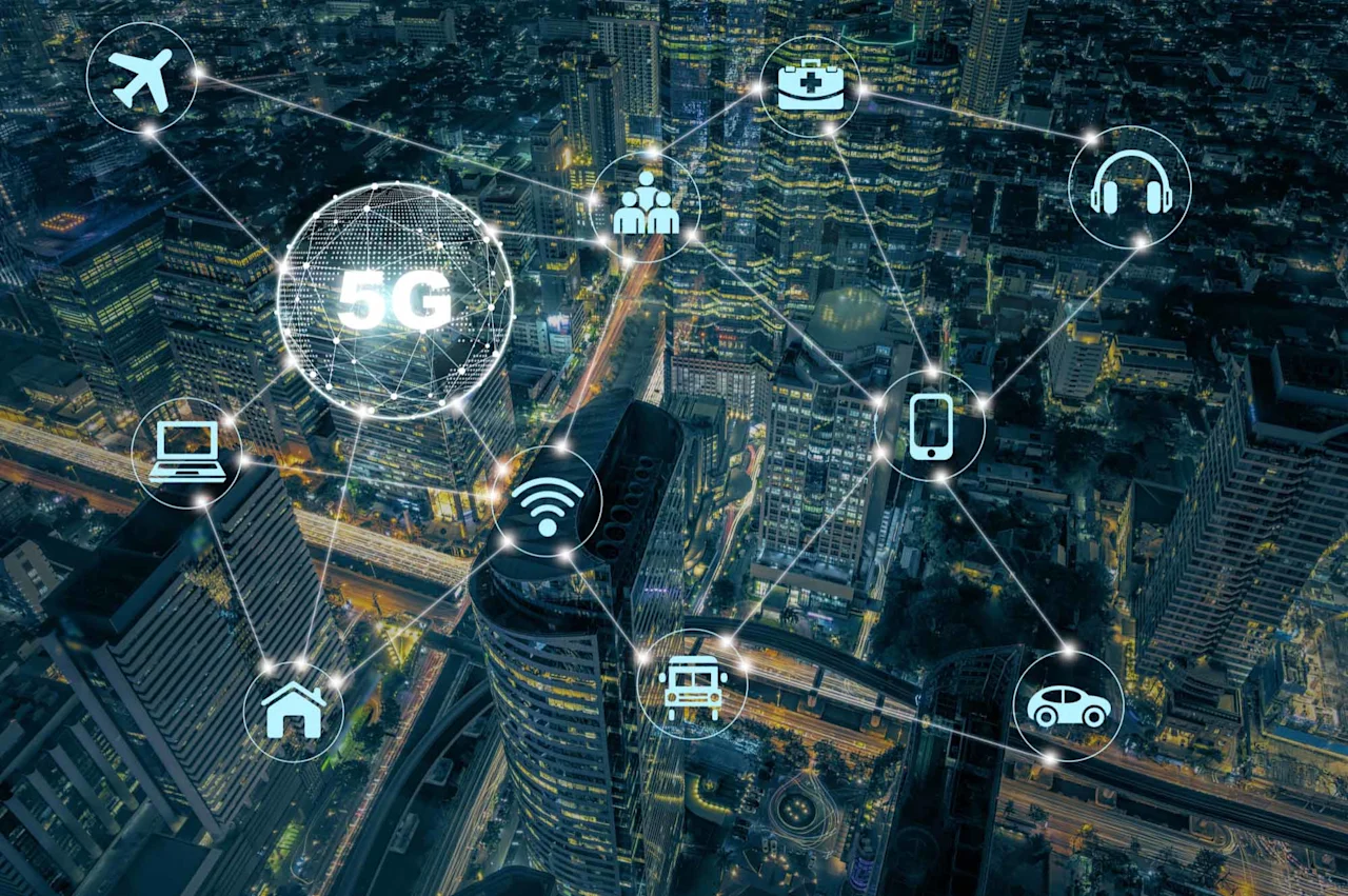 City view from above showing 5G network connections