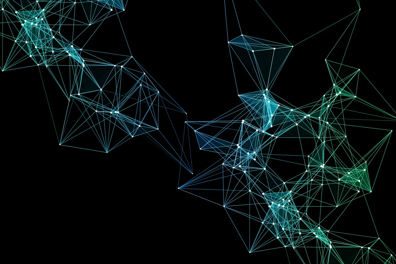 Glowing nodes connected by lines representing a decentralized network.