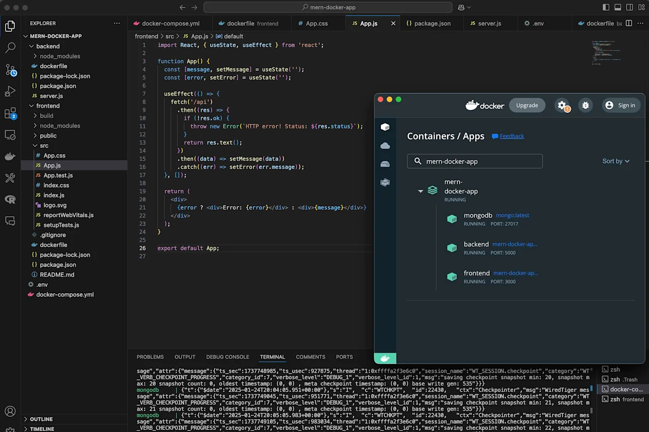 A project opened in VSCode named mern-docker-app with a application opened in front of it called Docker.