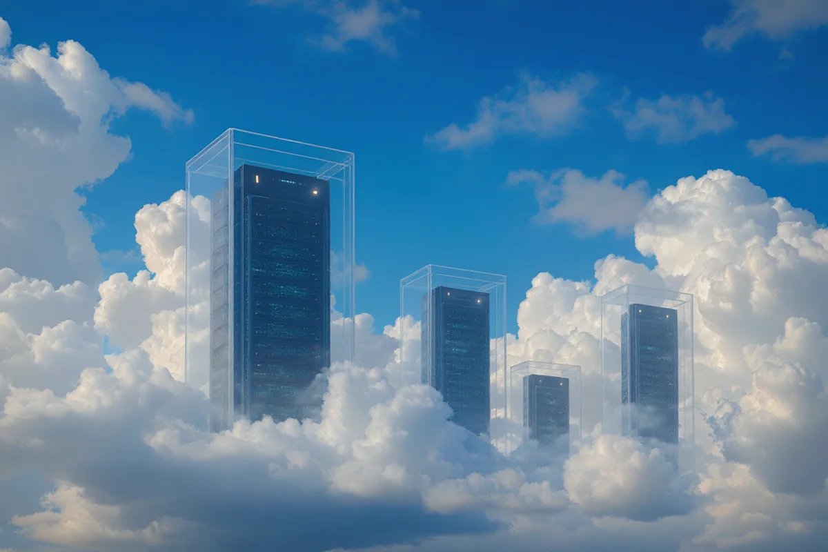 Sky full of clouds with 4 servers sitting in the clouds