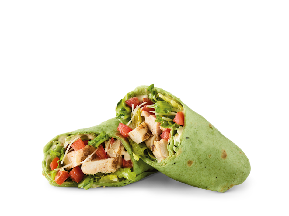 Sliced chicken breast, Parmesan, romaine, tomatoes and Caesar dressing in a spinach tortilla.