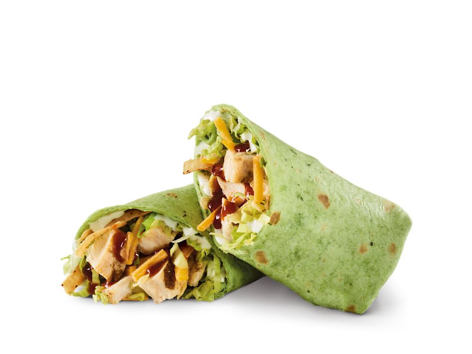 Sliced chicken breast, Whiskey River® BBQ Sauce, Cheddar, lettuce, tortilla strips and ranch in a spinach tortilla.