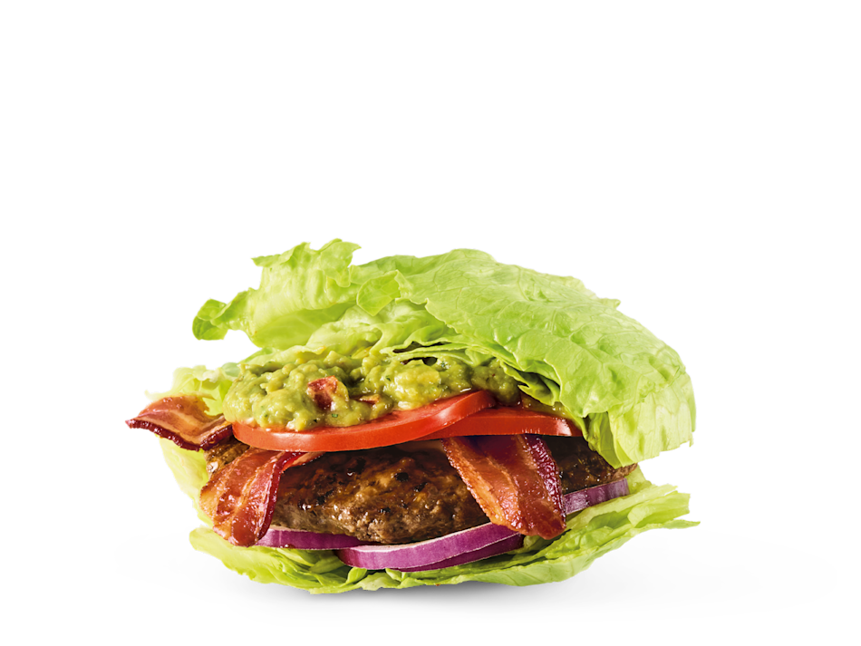 Hardwood-smoked bacon, house-made guac, tomatoes and red onions in a lettuce bun. Served with a Bottomless side salad.