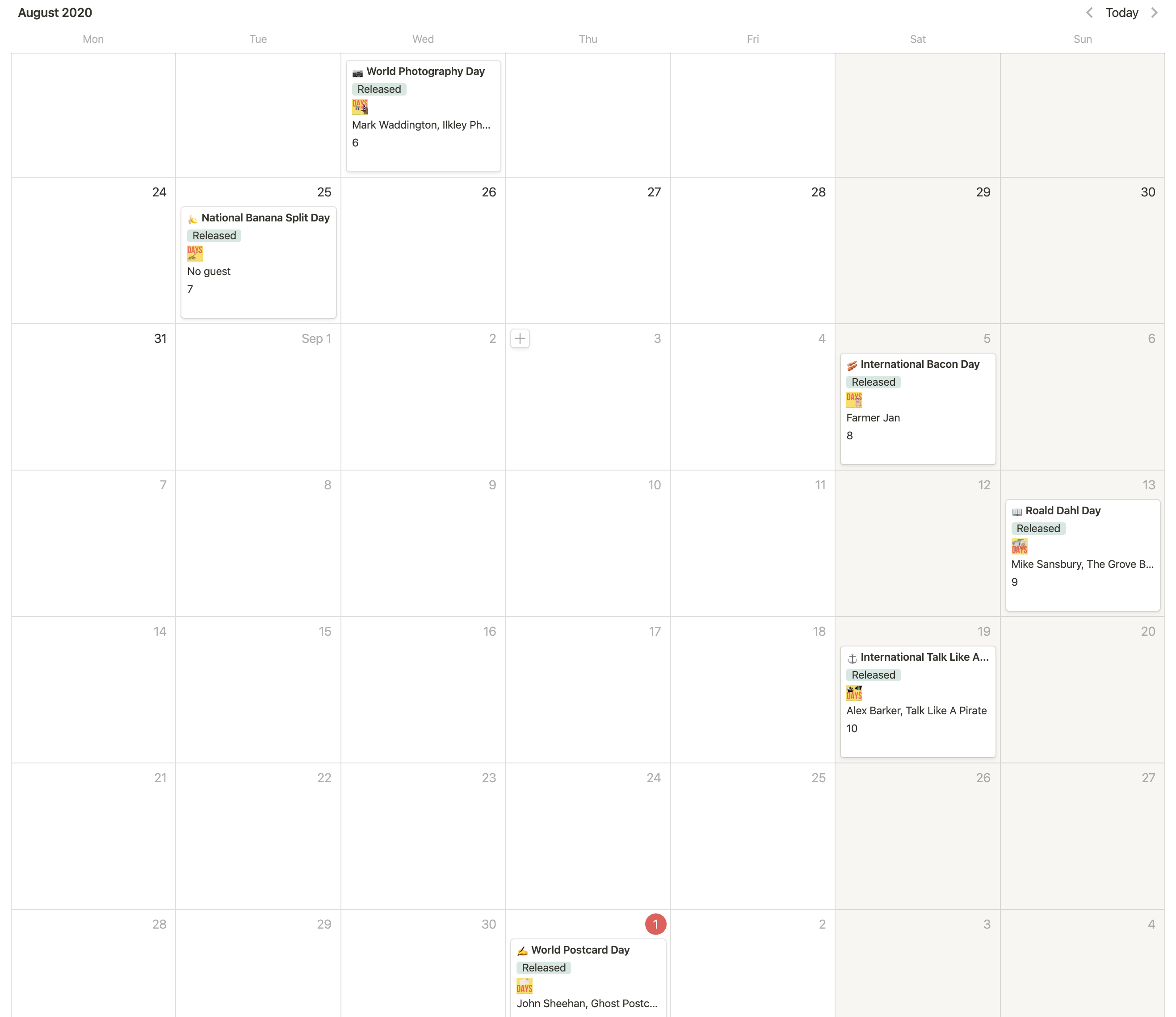 Screenshot of calendar view of episodes