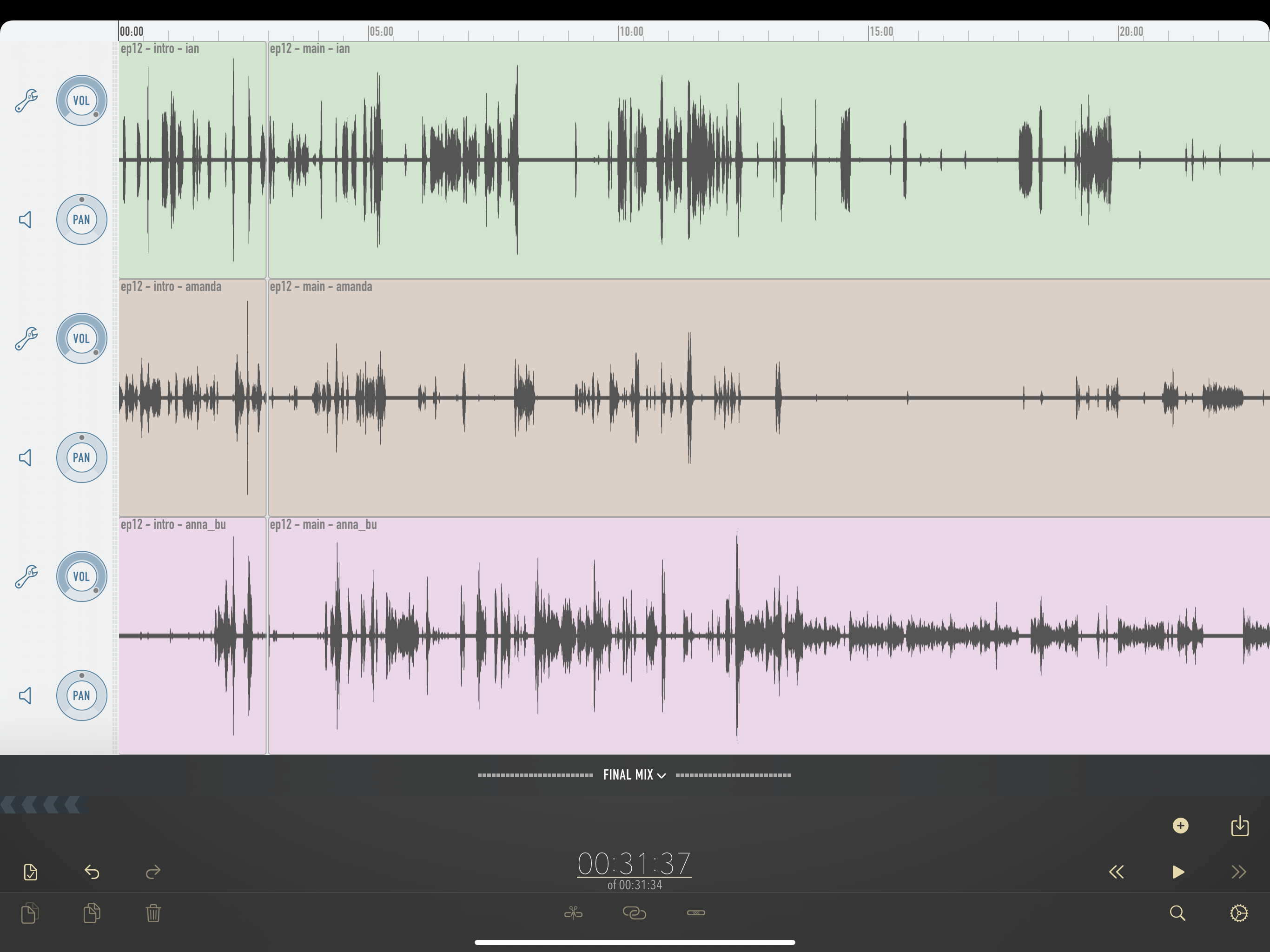 Screenshot of Ferrite Recording Studio screenshot, containing initial imported audio clips
