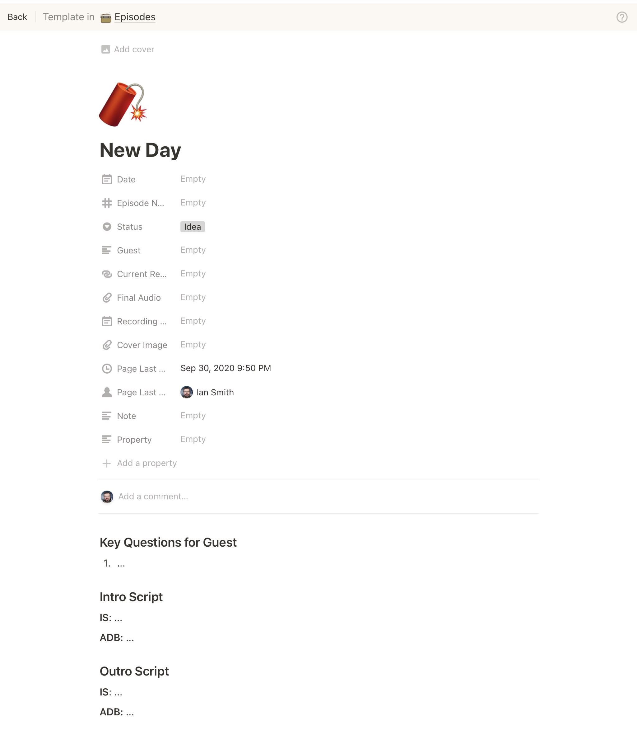 Screenshot of new episode template in Notion