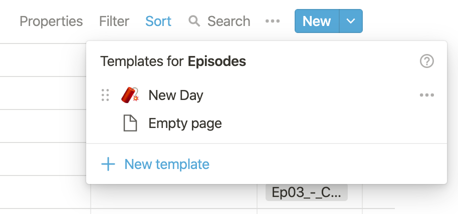 Screenshot of creating a new episode in Notion as a template or empty page