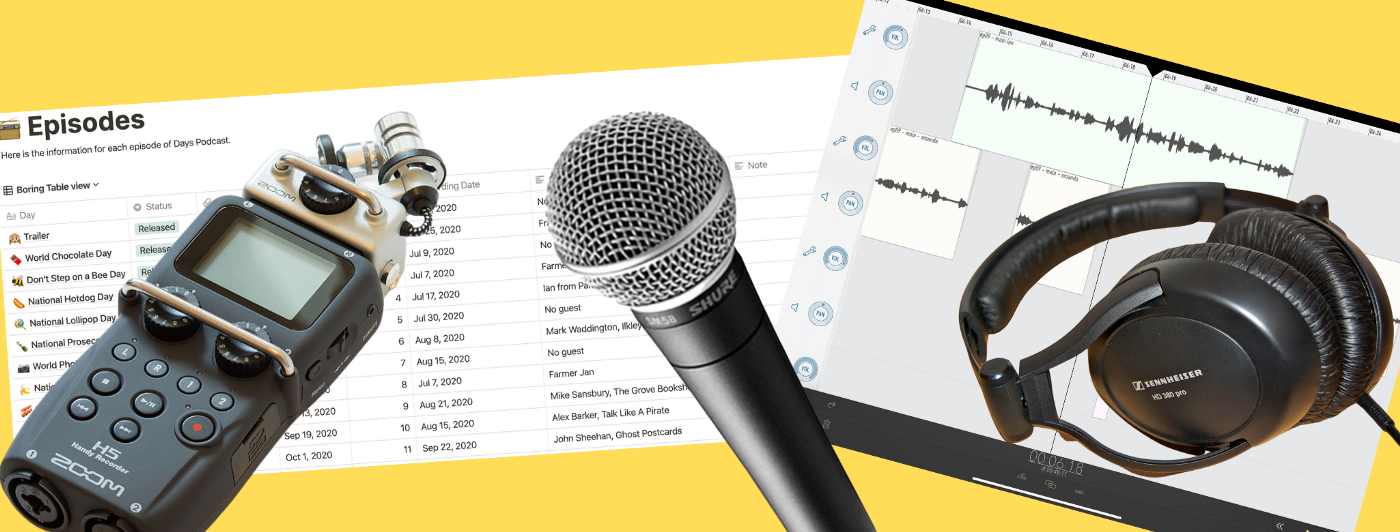 Podcast header with record, microphone, headphones, edit window and Notion 