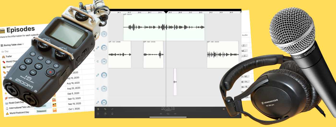 Yellow background with various podcast editing items and screenshots added.