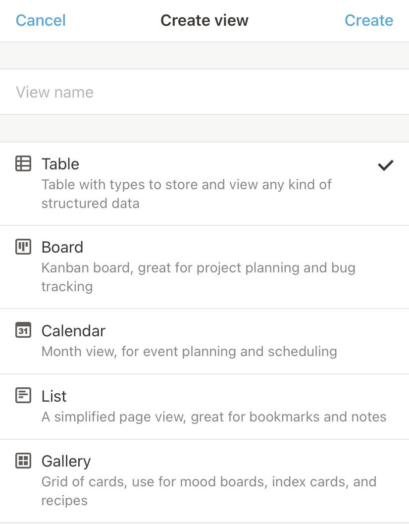 Screenshot showing types of View in Notion
