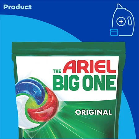 A package of Ariel The Big One dishwashing pods in front of a blue background with the word Product in the top left corner.