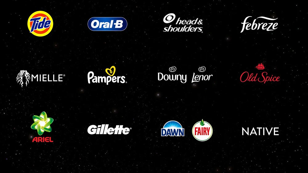 Twelve various P&G brand logos are organized across three rows. A black background with a star-like pattern.