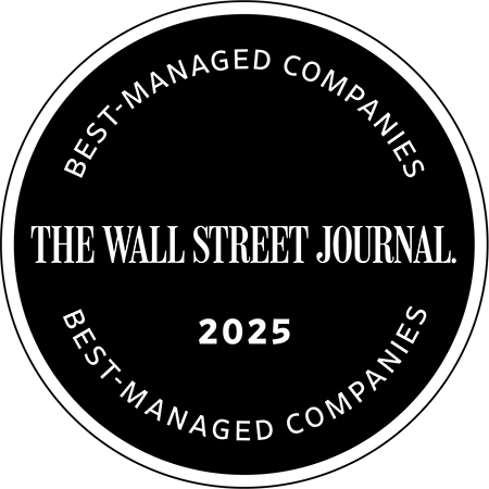 A round black circle with white text that says "The Wall Street Journal. Best managed companies 2025.