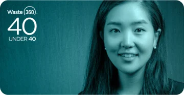 Vicki Jung smiling next to the Waste 350 40 Under 40 logo.