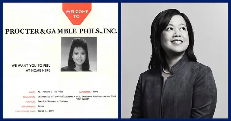 A black and white ID badge features a young Asian woman with dark hair in the headshot. Black text provides additional details about her role at work. On the right is a black and white headshot of the same woman after 35 years at the company.