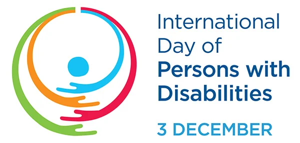 UN Disabilities Day graphic: White background, colorful semicircles converge around a blue dot. "Intl. Day of People with Disabilities Dec 3" in blue lettering to the right.