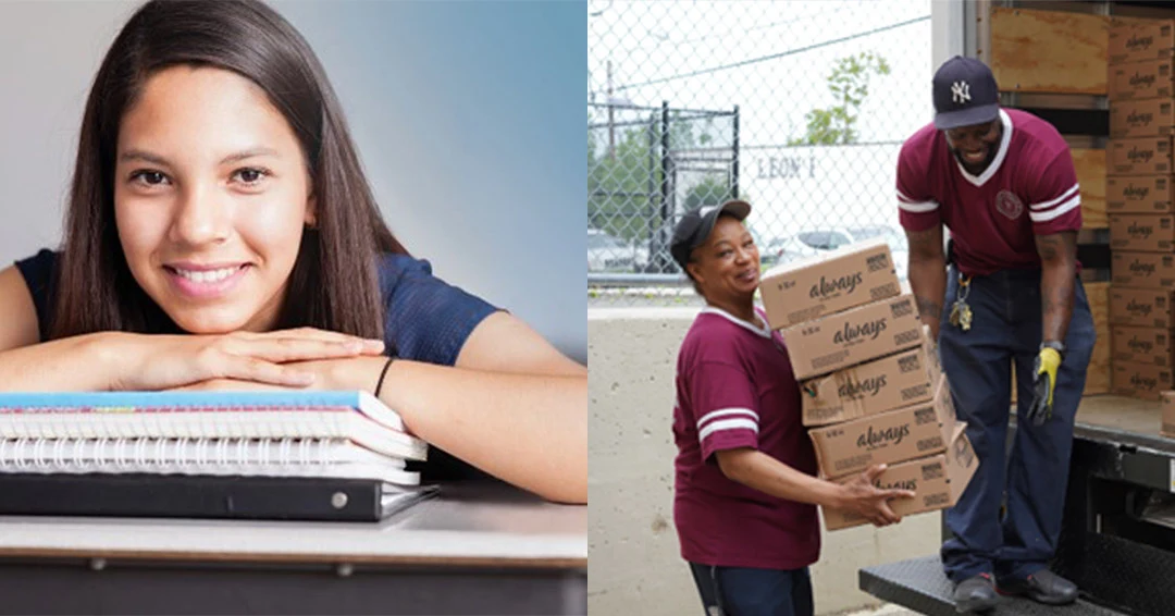Girl on left with head resting on stack of books.  Two Always ambassadors on the right, loading Always boxes into back of truck.