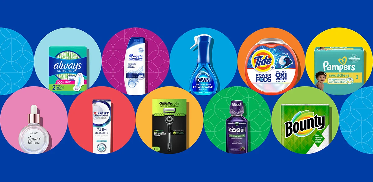 Two rows of six multi-colored circles each featuring various Procter and Gamble consumer and personal care products are set against a blue background. 