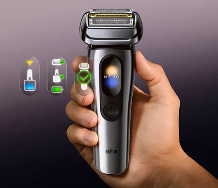 Close-up of the Braun NEVO shaver’s digital display showing different modes, highlighting smart settings that support a personalized shave.