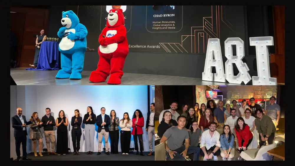 The image is a collage depicting various scenes from an awards event, featuring two Charmin bear mascots on stage, a group of people receiving awards, large illuminated "A&I" letters, and a group of smiling individuals gathered in a social setting.