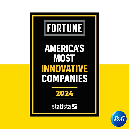 A tall black rectangle with a thin gold better features white and gold text that says "Fortune America's most innovative companies 2024. Statista." The round blue procter and gamble logo is in the bottom right corner.