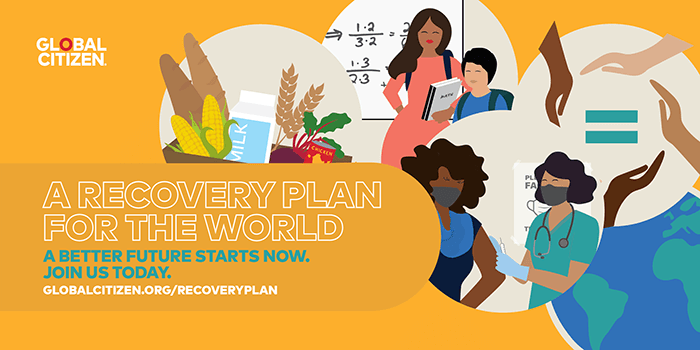 Animated visual highlighting the five aspects of Global Citizen's World Recovery Plan.