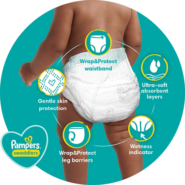 Infographic showing attributes of Pampers Swaddlers diapers, and Pampers Swaddlers brand logo in a heart shape. 
