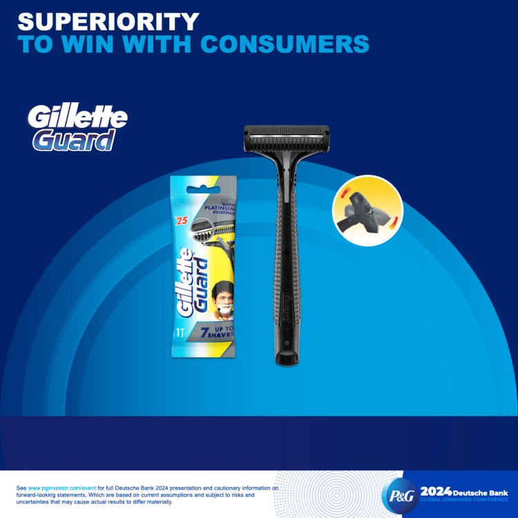 The words "superiority to win with customers" are at the top in blue and white text. Below is an image of an in-store shelf displaying three rows of Pantene hair products, along with a large image of a woman with long, shiny brown hair.