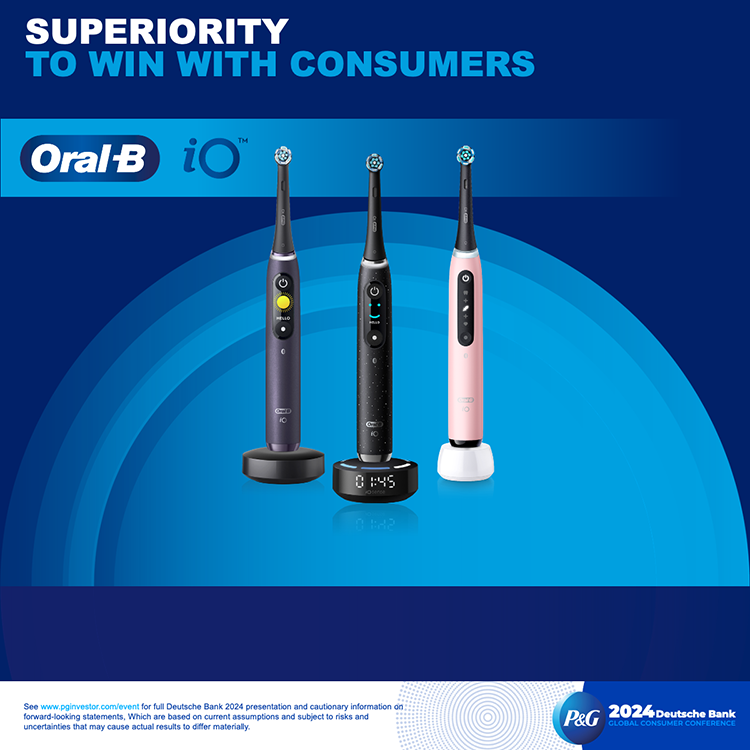 The words "superiority to win with customers" are at the top in blue and white text. Below is the white and blue Oal-B logo, two black electric toothbrushes and a pink electric toothbrush.