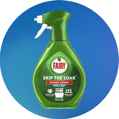 Green spray bottle of Fairy Skip the Soak Power Spray with a white nozzle, designed for dishes, dishwashers, and surface cleaning.