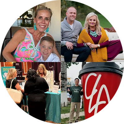 A collage of four photos: a woman and child smiling, a couple posing on a sofa outdoors, three women at a conference booth, and a man beside a giant coffee cup.