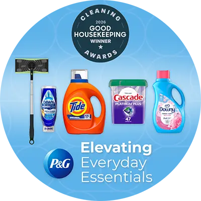 A collection of cleaning products, including dish soap, laundry detergent, dishwasher pods, fabric softener, and a mop, are arranged around a "Good Housekeeping Winner Awards" badge.