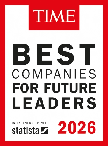 Black text says “Best companies for future leaders 2026. In partnership with statista.” The red and white TIME logo is at the top. A bright red border frames the image.