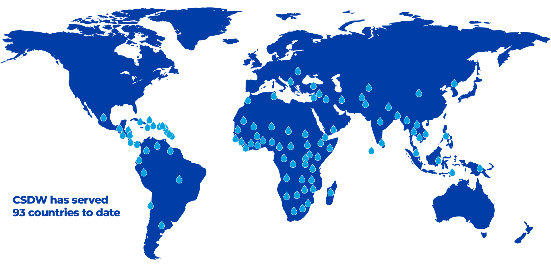 A map of the world with the text ’93 countries served to date by CSDW’. Droplets of water on the map mark P&G’s projects around the world. Most of the projects are located in Central and South America, Africa, and Southeast Asia.