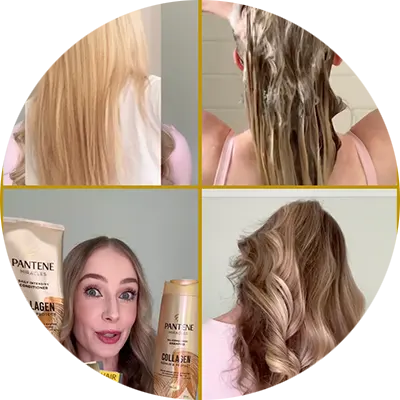 A woman with long blonde hair holds up bottles of shampoo and conditioner.