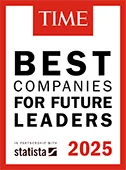 Black text says “Best companies for future leaders 2025. In partnership with statista.” A red and white TIME logo is at the top. A bright red border frames the image.