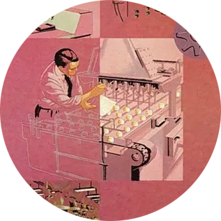 A print article with mid-century illustrations of factory work.
