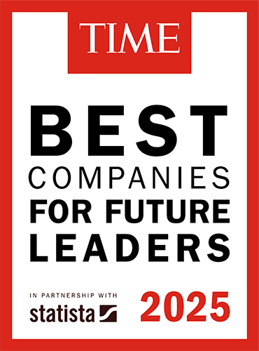 Black text says “Best companies for future leaders 2025. In partnership with statista.” The red and white TIME logo is at the top. A bright red border frames the image.