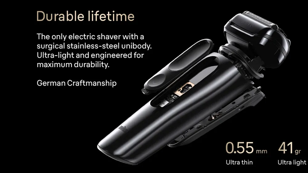 Braun NEVO shaver shown in close-up, highlighting its seamless stainless-steel body and precision-engineered design.