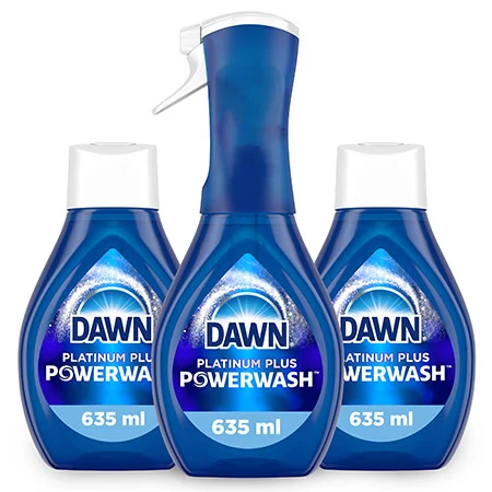 Three blue bottle of dish soap.
