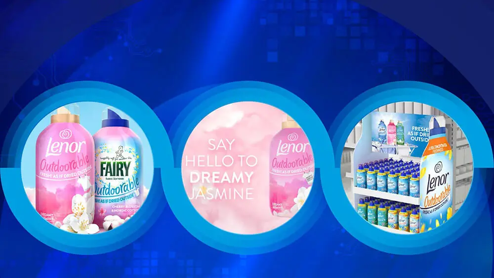 Three circles feature various colorful bottles of Lenor fabric care products. They are placed against a dark background.
