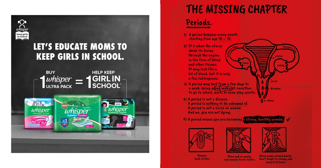 A split image features three packs of Whisper period products on the left, with white text. On the right, an illustration of female reproductive organs, black text with period information and instructional illustrations of how to use period products.