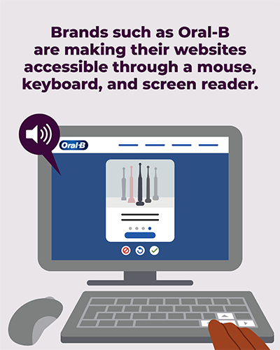 The headline reads: "Brands like Oral-B are making their websites accessible via mouse, keyboard, and screen reader." Below is an illustration of a desktop with a person using the keyboard to access the Oral-B toothbrush selector, with a screen reader icon