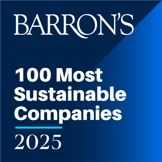 A blue background and white text that says "Barron's 100 most sustainable companies 2025."