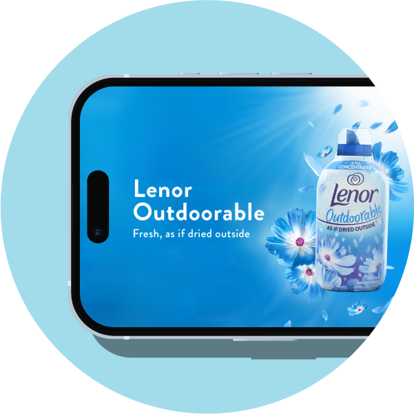 Lenor Outdoorable advertising on a phone screen that shows the package with sunshine streaming out the top and the language “Fresh! As if dried outside” 