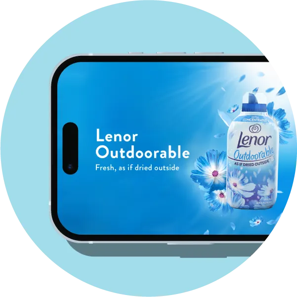 Lenor Outdoorable advertising on a phone screen that shows the package with sunshine streaming out the top and the language “Fresh! As if dried outside” 