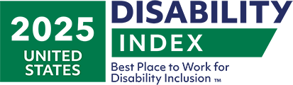 A green and blue text based logo that says “2025 United States. Disability Index best places to work for disability inclusion.”