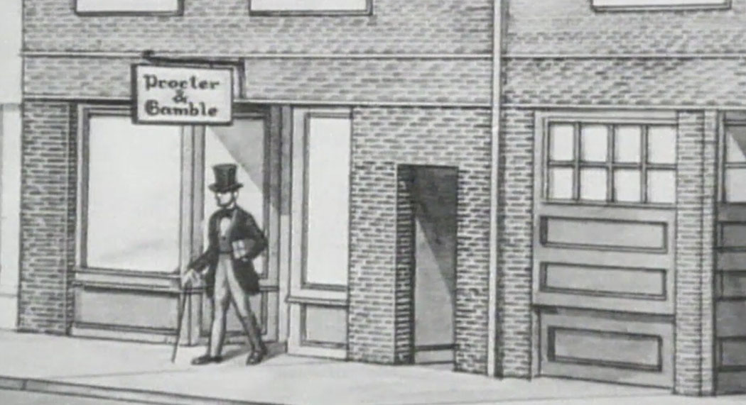 Historical illustration of a person exiting Proctor & Gamble office