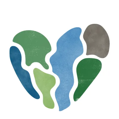 A blue, green and brown illustration of a heart made to look like Earth.